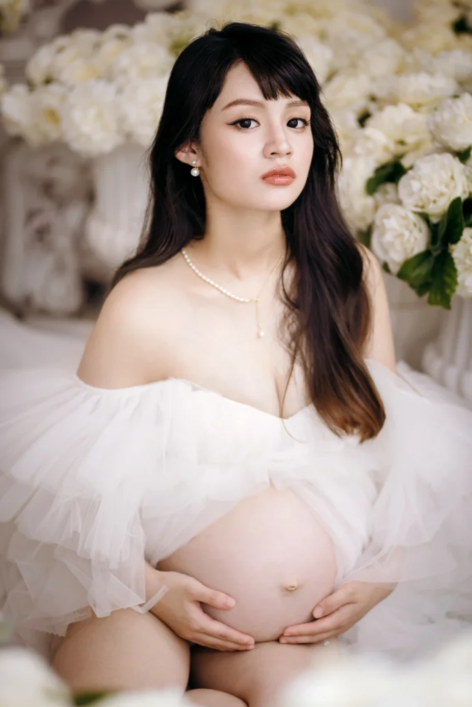 0000 0015 1 唯美孕婦寫真,芷妤穿白色薄紗正面抱著孕肚